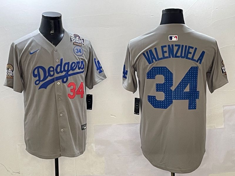 Men Los Angeles Dodgers #34 Valenzuela Grey Blue Fashion Game 2025 Nike MLB Jersey style 3263->los angeles dodgers->MLB Jersey